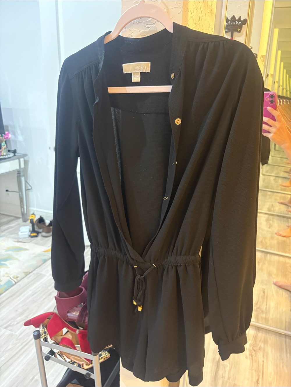 Michael Kors Black Long-Sleeve V-Neck Jumpsuit Romper